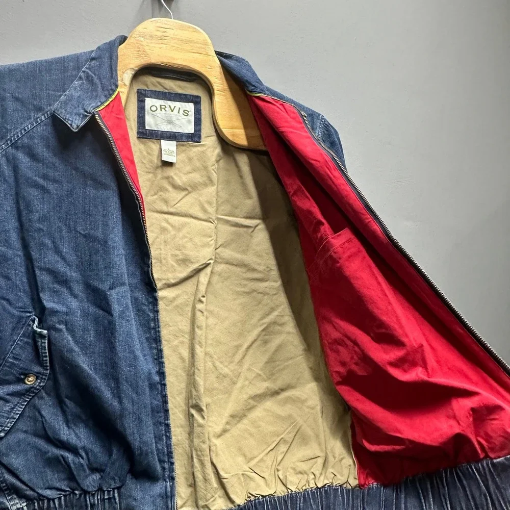 Orvis Mens Large Denim Harrington Jacket Blue Cotton Full Zip Bomber Mock Neck - Picture 8 of 11